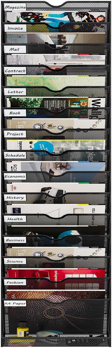 Hanging Wall File Organizer,16-Tier Desk File Mail Holder, Paper Bill Organization For Office Home School, Black