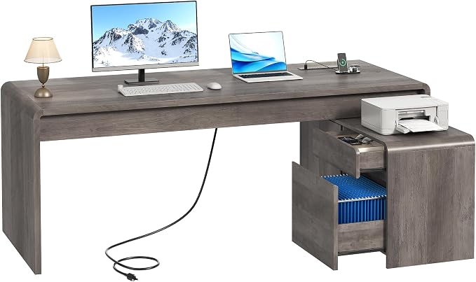 78" L-Shaped Executive Desk with Mobile File Cabinet, Grey Oak | Mid-Century L-Desk with Mobile File Cabinet, Drawers & Power Hub (4AC+2USB) Waterfall Edge. Large Workspace for Home Office