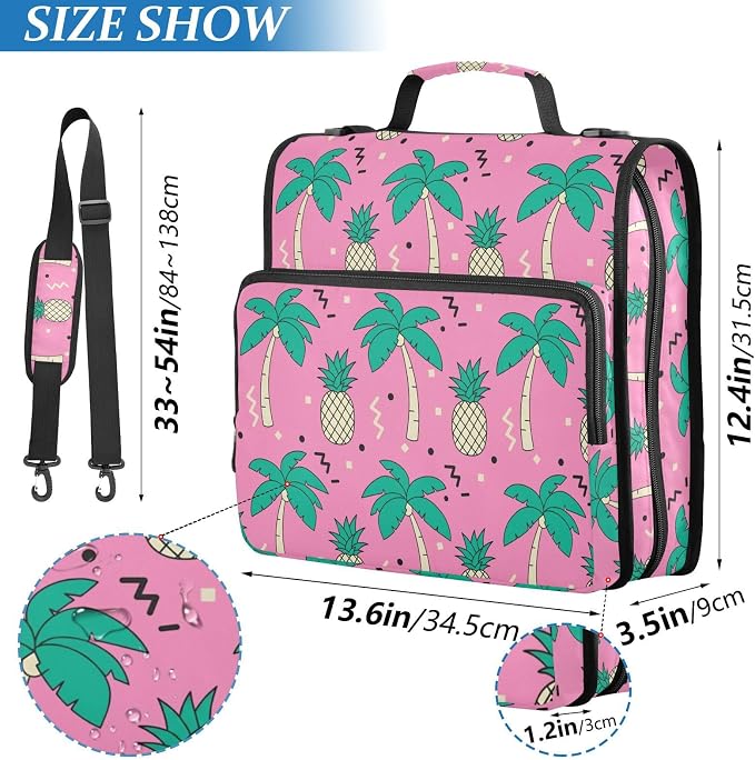 Pineapple Palm Tree Pink 3 Ring Binder Bag 1.5 inch Binder Organizer with Zipper Shoulder Strap 500 Sheet Documents Storage for School Office
