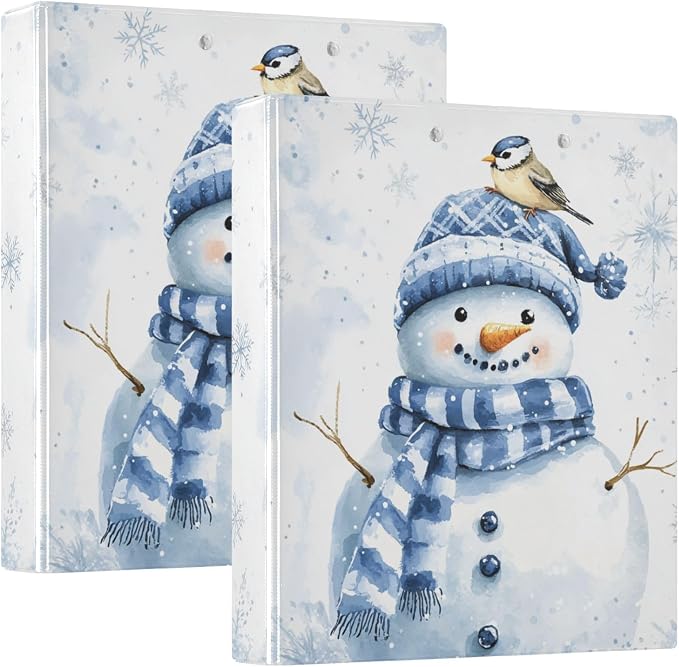 Winter Snowman Bird Snowflake Blue and White 3 Ring Binder 1.5" Decorative D-Ring Binder with Clipboard&3 Clear Pockets, Holds 200 Sheets A4 Size Paper Waterproof Binders for School Home Office