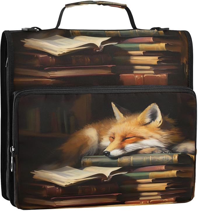 Fox Cartoon Print Zipper Binder Bag 3 Ring with Shoulder Strap & Handle Multi Pocket Binder Organizer Bag Large Capacity for School Office Supplies