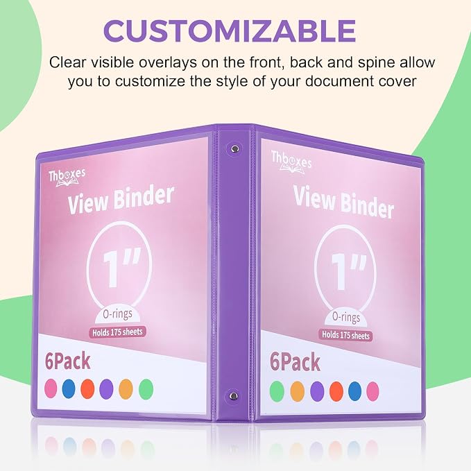6 Pack 3 Ring Binder, 1 Inch Binder, Round Ring Binders | 2 Interior Pockets & Clear View Overlay, Large Capacity, for Office Supplies, School, Home - 6 Colors, Rainbow Colors