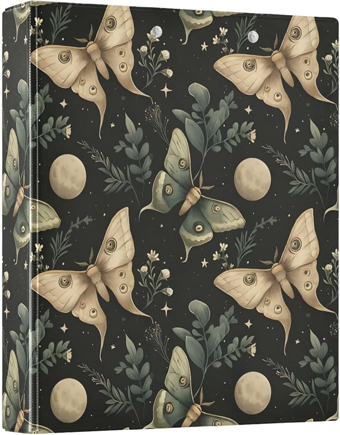 3 Ring Binder Moon Moth Green Boho 1.5 inch Binders Three Ring Binders with Clipboard Fit 8.5'' x 11'' Paper 3 Interior PVC Clear Pockets for Office Supplies