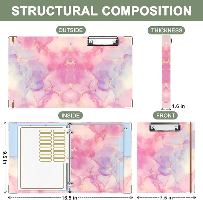 Rouidr Mini 3 Ring Binder with clipboard, 1 inch Round Binder Organizer, 8.5"x5.5" Cute Binder with 5 Dividers Tabs & Clear Sleeves, School Supplies, Office Supplies