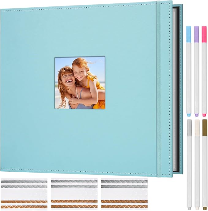 12x12in Photo Keeper Scrapbook Album, Turquoise | 3-ring leather binder, 50 sleeves/100 pages, PVC protected acid-free, wedding travel family memory book