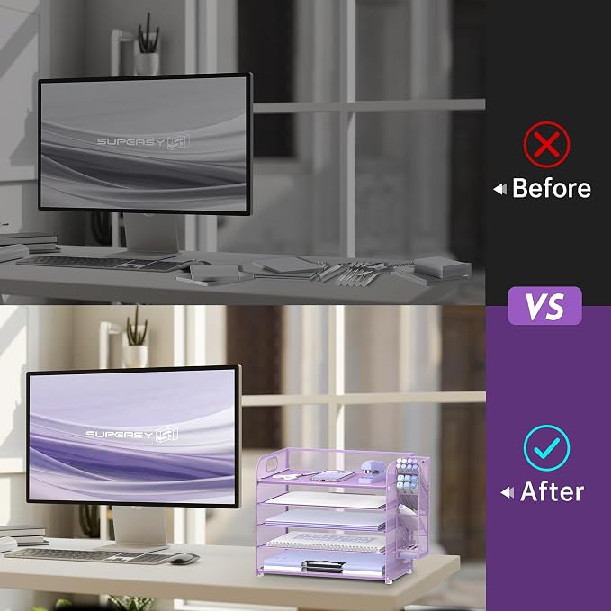 5-Tier Paper Organizer for Desk with Pen Holders, Letter Trays, Purple | Metal Mesh Desktop File Organizer with Removable Trays and 2 Handles for Paper, Files, Mail, Folders in Office Home or School