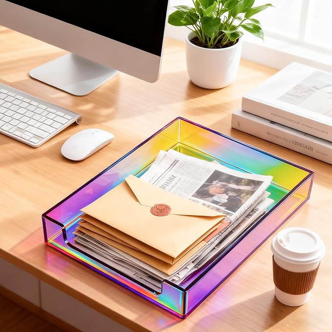 Paper Tray Acrylic File Organizer for Desk Letter Tray Desk Organizer Document Holder Sorter Storage for A4 Office Supplies Magazines, 13.8x10.6x2.4 Inches, Iridescent