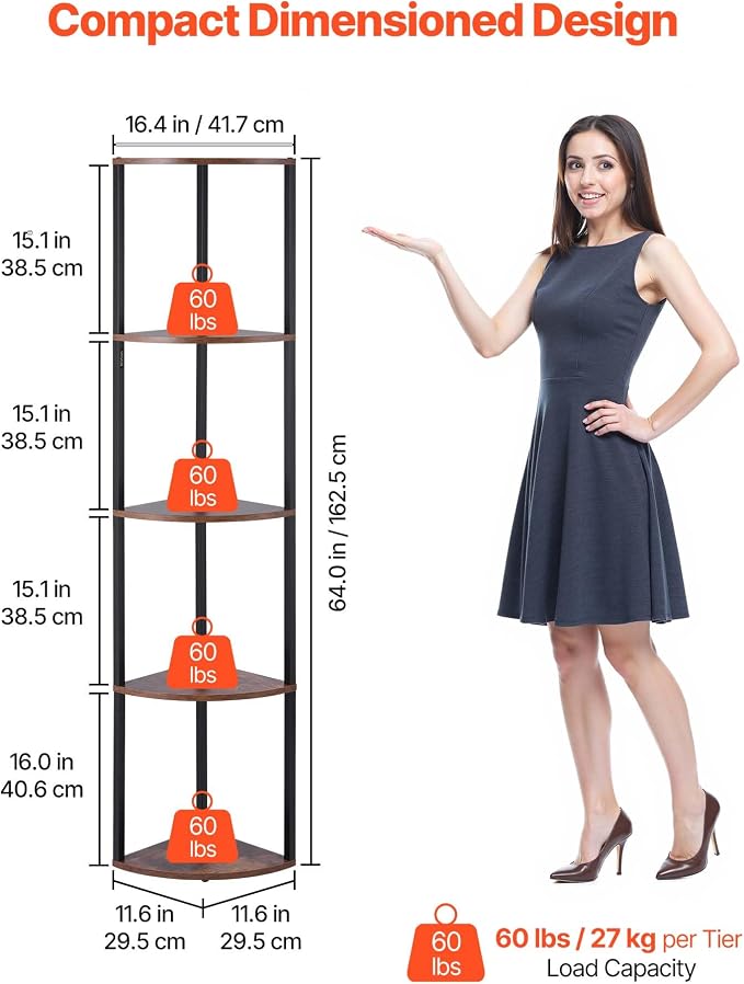 VEVOR 5 Tier Corner Shelf with LED Light, 64" Tall Corner Bookshelf with Storage Shelves for Collectibles, Display Shelf with Multi-Color Lights Controlled Via RC/APP for Bedroom, Living Room, Office