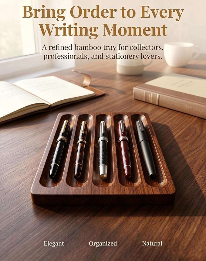 Pen holder Organizer of Office desks,Walnut Desk Pen Stand,Wave Pen TrayOffice Accessory,Teacher Gifts,Suitable for School,Home,Office Desktop Art Accessories (Walnut-5 Grid)