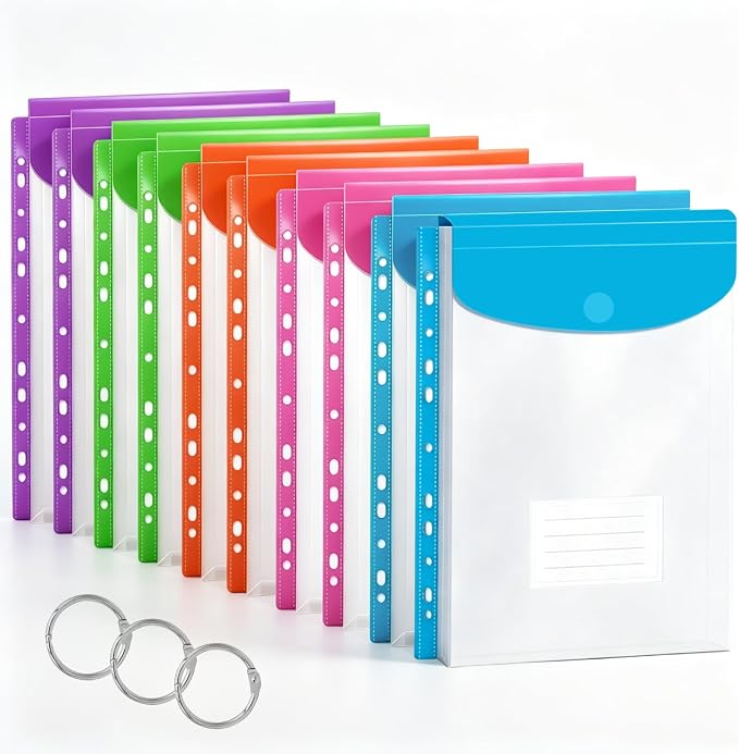 10 Pack Binder Folders with Pockets 11 Holes Expandable Dividers for 2/3/4 Ring Document Pouch with Velcro Button & Label Loose-Leaf Transparent Binder Organizer for School Home Office
