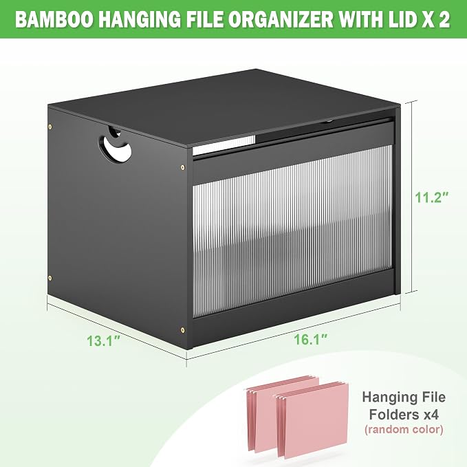 Bamboo Hanging File Box Organizer with Lid, Wood File Folder, Black, 2 Pack