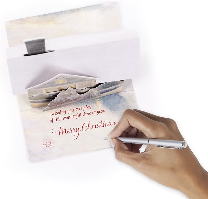 Hallmark 0899XSO1002 Christmas Pop Up Card with Light and Song (Displayable Dimensional Thomas Kinkade House Plays We Wish You a Merry Christmas), Snowy House