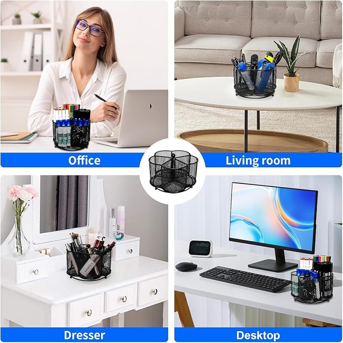 Pen Holder for Desk,360 Degree Rotating Pencil Holder Organizer | 5 Compartments,Large Capacity Pencil Holder for Desk,Metal Rust Prevention,Workspace Pen Organizers for Home(Black, No hook)