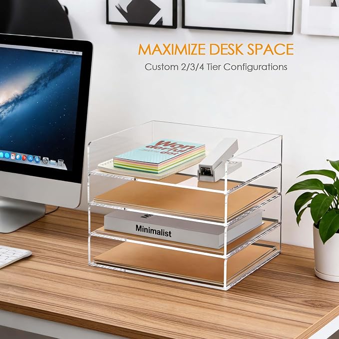 Acrylic Desk Organizer, Stackable Paper Organizer Letter Tray, 4-Tier | Clear Desk Organizers and Accessories, Office Supplies Organizer for Files, A4 Paper, Books, Mails, Office Classroom Home