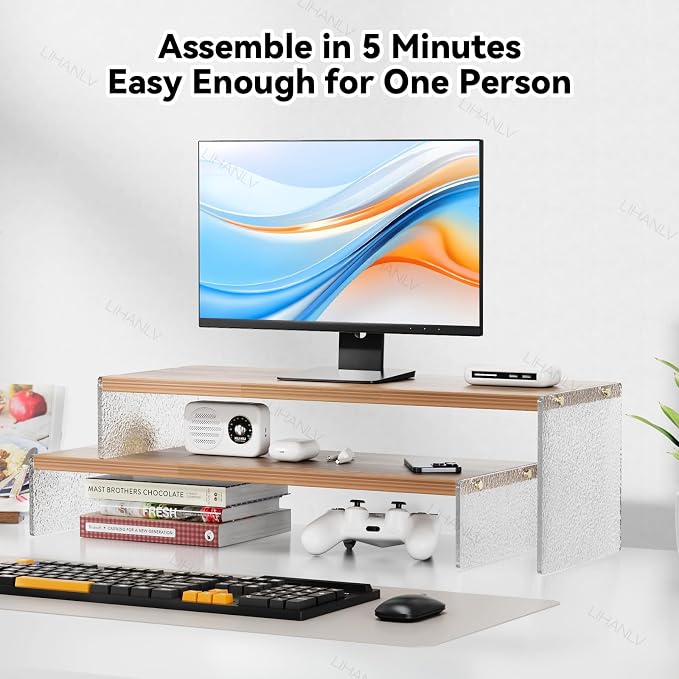 YGYQZ Adjustable Monitor Stand Riser, 7.67"×19.3" Dual Monitor Desk Stand | Adjustable Monitor Riser, Expandable Desk Organizer, 2-Tier Storage, Acrylic Legs, Ergonomic Workspace, Wood Glacial Striae