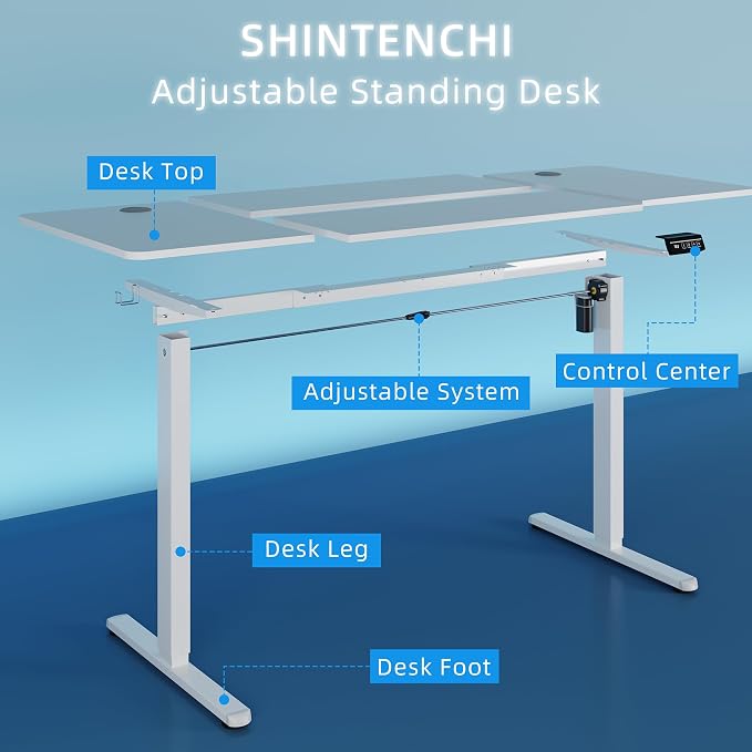 Shintenchi Standing Desk, 63x24 Inch Height Adjustable Electric Sit Stand up Desk, Ergonomic Rising Computer Table, Modern Lift Gaming Desk Workstation for Home Office, White