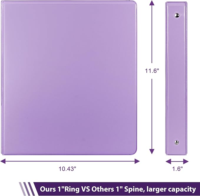 COMIX Sturdy Standard 1 Inch 3 Ring Binder with Clear View Cover | 1"Round Ring,PVC-Free Board,Holds 200 Letter Sheets,Morandi Multicolor for Students & Office,6 Pack (Pale Purple)