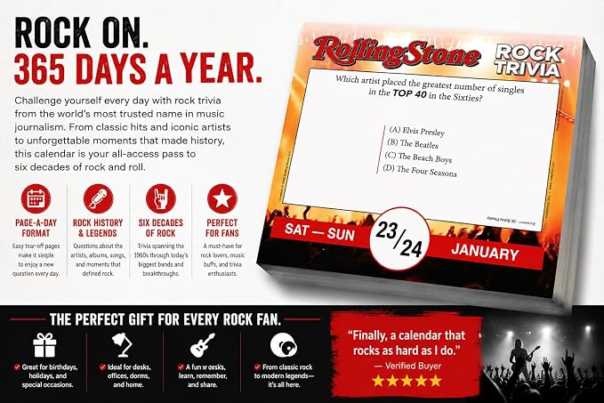 Rolling Stone Rock Trivia 2027 Daily Desk Calendar: Boxed Page-a-Day Music Quiz Calendar with Day-to-Day Rock History, Legends & Iconic Moments
