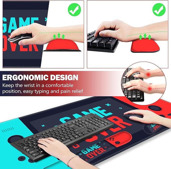 Large Gaming Mouse Pad, Keyboard Wrist Rest Pad & Wrist Support Mousepad Set, Stitched Edge, Extended, Non-Slip Base, Memory Foam Desk Mat, Green Red Game Console