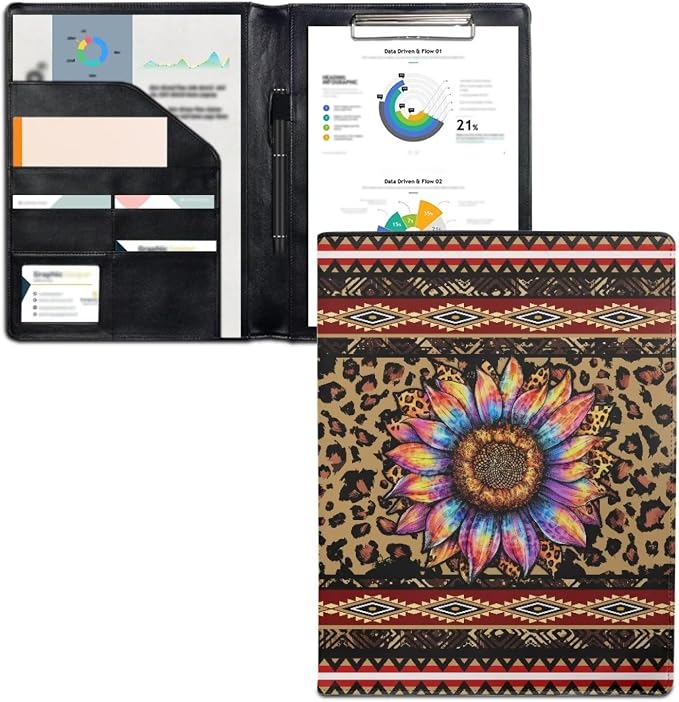 Dreaweet Leopard Aztec Sunflower Padfolio Clipboard Folder Leather Portfolio Organizer Binder for Women,Business Organizer Suitable for Interviews,Resumes,and Conference Documents