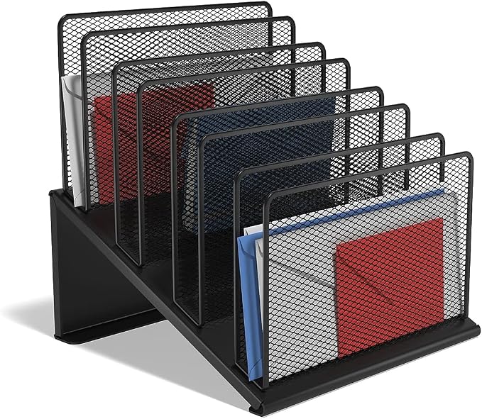 TRU RED Wire Mesh File Organizer, 7‑Compartment, Matte Black, 2‑Pack – Vertical Desktop Sorter for Files, Folders & Mail