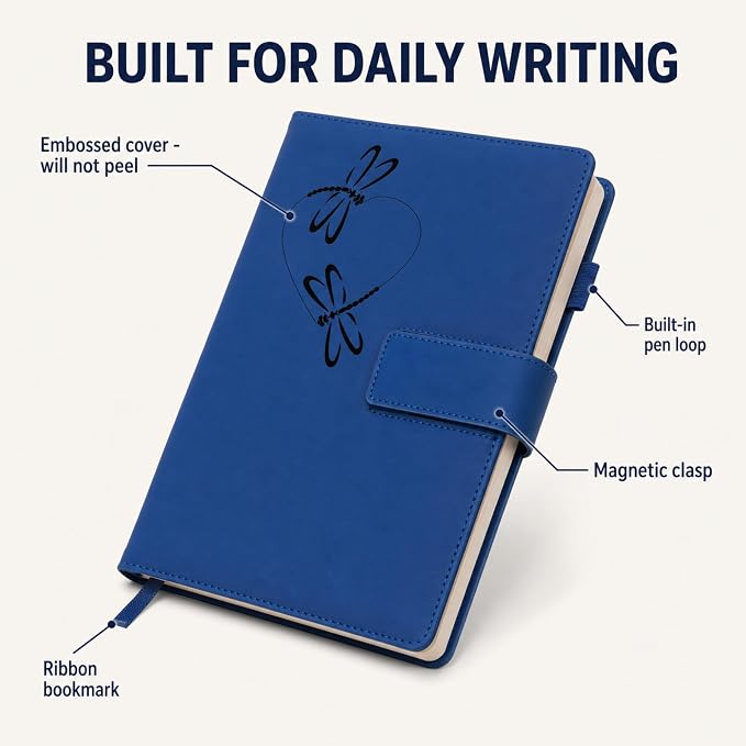 The Amazing Office Dragonfly Heart Refillable Journal, Blue Faux Leather, 200 Lined Pages, 5.75x8.5 Inch Notebook with Magnetic Clasp and Pen Holder, Writing Diary for Women and Men