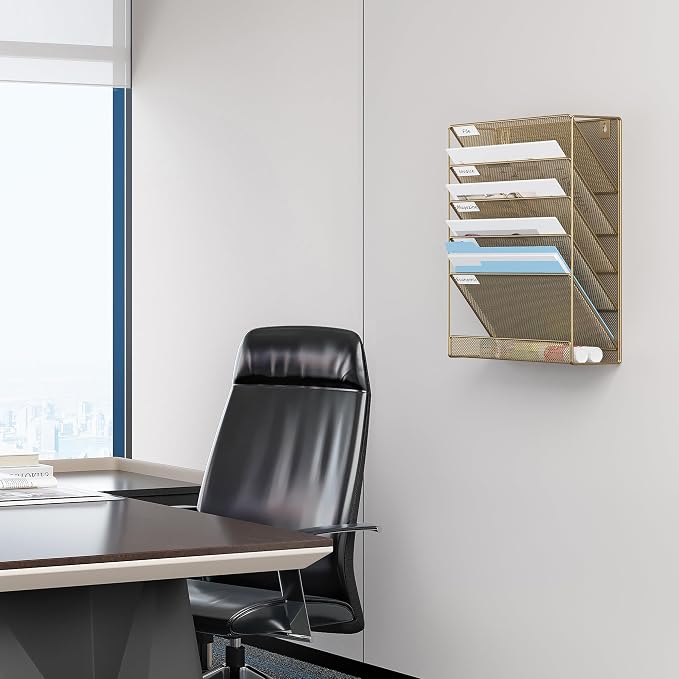 EasyPAG 5 Tier Wall File Holder, Mesh Hanging Folder Organizer with Classify Label, Versatile Desk File Holder, Vertical Wall Mounted Mail Organizer for Office Home Cubicle, Gold