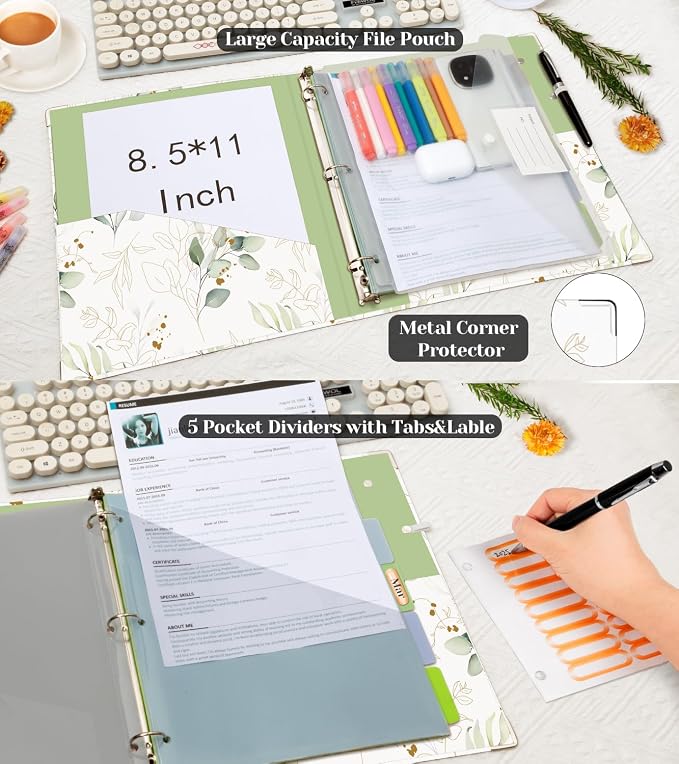 3 Ring 1 Inch Binder Organizer, KLLVE Three Ring Binders with Clipboard, 5 Pocket Divider with tabs, Folder, 18 Divider Stikers, Pen Loop (Leaves, Letter Size)