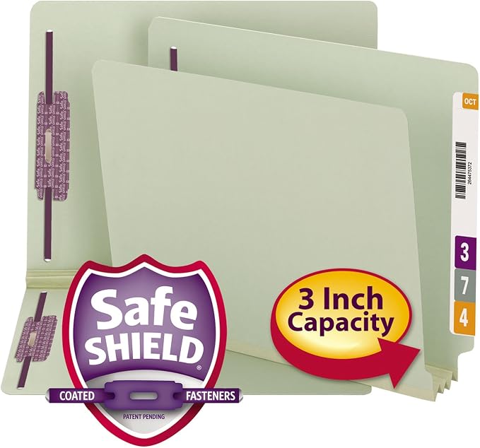 Smead End Tab Pressboard Fastener File Folder with SafeSHIELD Fasteners, 2 Fasteners, 3" Expansion, Letter Size, Gray/Green, 25 per Box (34725)
