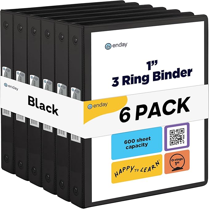 Enday 1 Inch Binder (6 Pack - Black) 3 Ring Binder 1 inch with Clear View Cover and 2 Inside Pocket - for Letter Size 8.5 x 11'' Paper, Ideal for School Supplies, Office, and Home