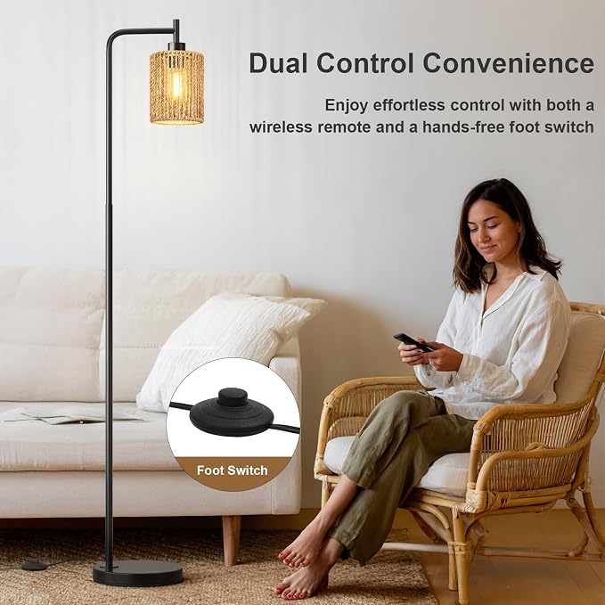 66" Black Floor Lamp for Living Room, Boho Floor Lamp with Remote Control and LED Bulb, Rattan Shade, Industrial Tall Farmhouse Standing Lamp for Bedroom, Dining Room, Study Room, Office