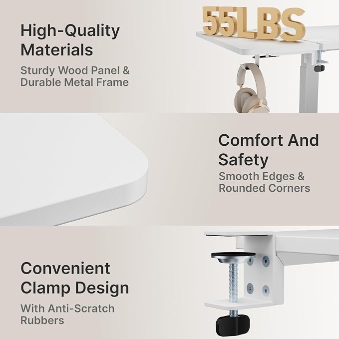 Desk Extender Tray, 24" x 12", with Laptop Holder, Medium, White | Desk Extension, Clamp on Desk Shelf, Clamp On Keyboard Tray for Office and Home, Workstation Organizer