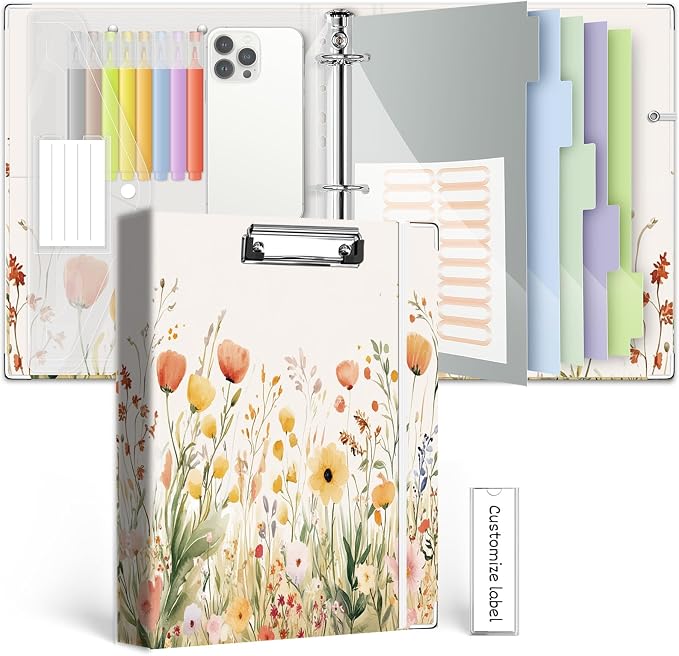 3 Ring 1 Inch Binder Organizer, BVSSX Three Ring Binders with Clipboard, 5-Tabs Pockets Dividers, Plastic Folder, 18 Divider Stikers,Pen Loop (Weeds, Letter Size)