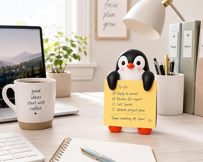 Penguin Pop-Up Sticky Note Dispenser for 3 x 3 in Notes | Includes 100 sheets; handmade resin decor for office, home or classroom; gift for teachers, coworkers and penguin lovers