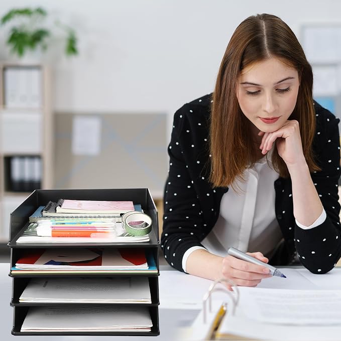 6 Pcs Stackable Paper Trays Rectangular Plastic Desk Holder Desktop Document File Organizer Storage Letter for Office Classroom (Black)