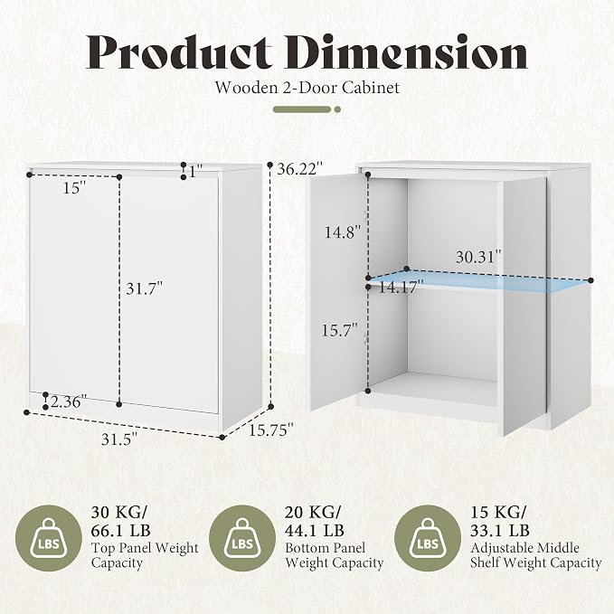 AMERLIFE Storage Cabinet with 2 Doors, 32 x 16 x 36 Inch | Modern Storage Case and Display Shelf for Collectibles, White