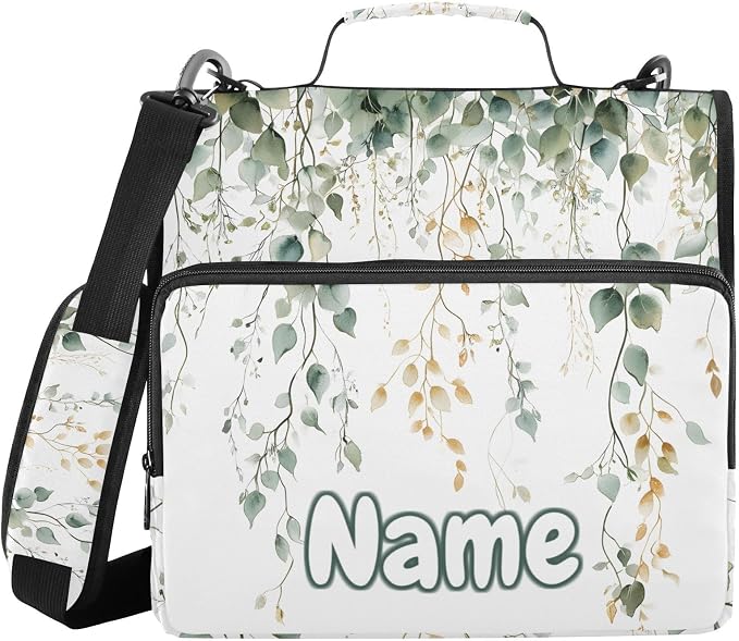 Custom Green Sage Leaves 3 Ring Binder Bag 1.5 inch Personalized Name Binder Organizer 500 Sheet Documents Storage for School Office
