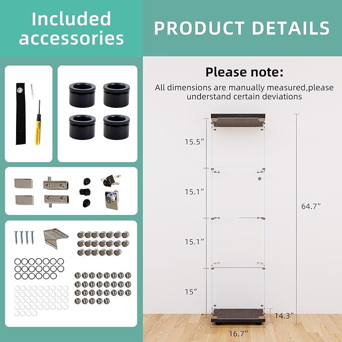 FLYMUHJIA Curio Cabinet Glass Display Case for Collectibles with Door, 4 Display Shelves Showcase, 64.2”Hx16.9''Lx 14.6''W Black