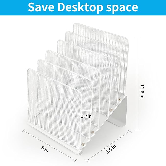 LEKETREE File Organizer for Desk, Desk Organizer with 5-Section Vertical File Rack, File Folder Organizer, Desk Accessories & Workspace Organizers(White)