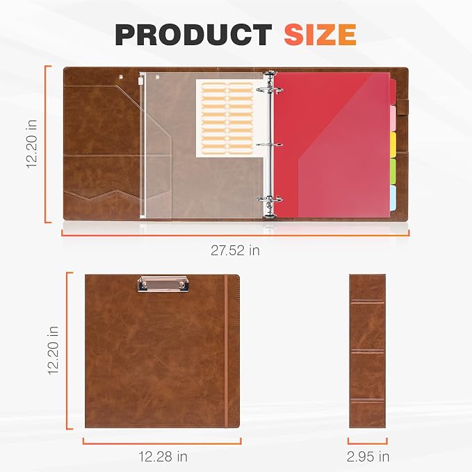 Eyrozill Professional Leather Portfolio with Clipboard, Zipper Pouch, 5 Sheets Plastic Dividers，Leather 3 Ring Binder 8.5 x 11, 2-inch Round Rings, Brown
