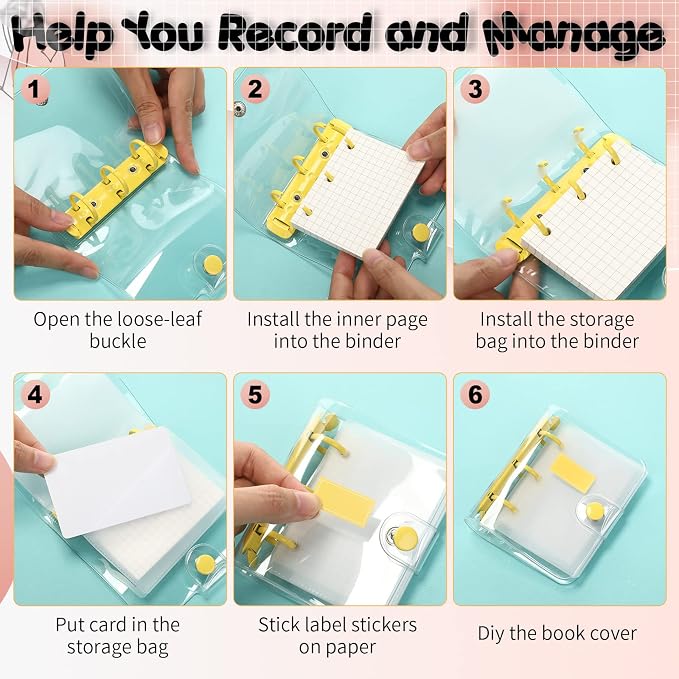 Yahenda 10 Sets Mini Transparent 3 Ring Binder Covers with Inner Papers Storage Bags Label Sticker Clear Soft PVC Loose Leaf Notebook Cover Protector Pockets (Clear)