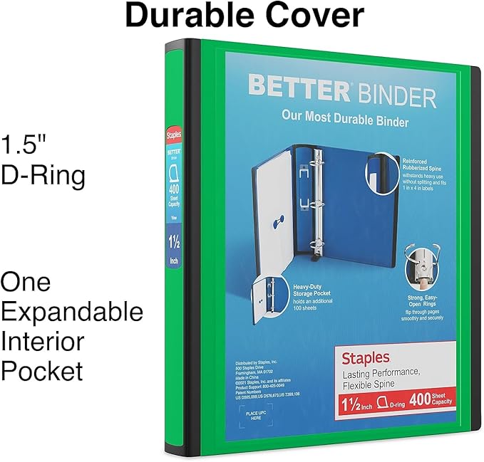 Staples Better 1.5-Inch 3-Ring Binder, Green, Heavy-Duty | Durable binder built for school and office document organization.