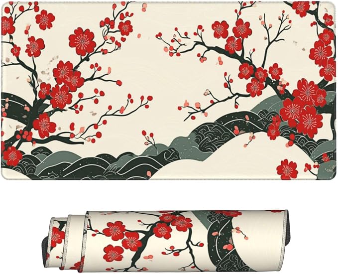 XL Desk Mat 31.5x15.7 Inch, Japanese Cherry Blossom Wave Mouse Pad Keyboard | Elegant Japanese Wave Design Keyboard Mat with Non Slip Base, Large Desk Pad for Office, Home Decor, Computer & Work Setup