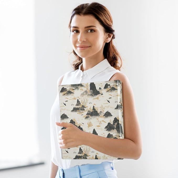 Chinese Landscape Mountain Tree Binder 1.5 Inch Binder with Clipboard&Pockets, Ink Painting Hardcover Binders 3 Ring, Heavy Duty Large File Folder for Office School Supplies - Holds 200 Sheets