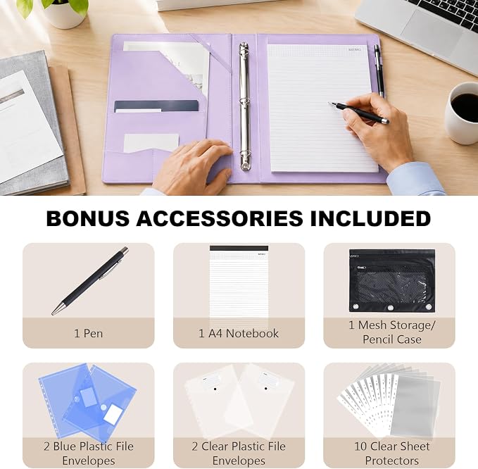Leathario 1 Inch 3 Ring Binder with Clipboard Storage Vegan Leather | Includes 10 Clear Divider Pockets, 4 Envelope Pockets, 1 Pen Bag and 1 Pen, Suitable for A4/8.5x11 Paper, for Students Work