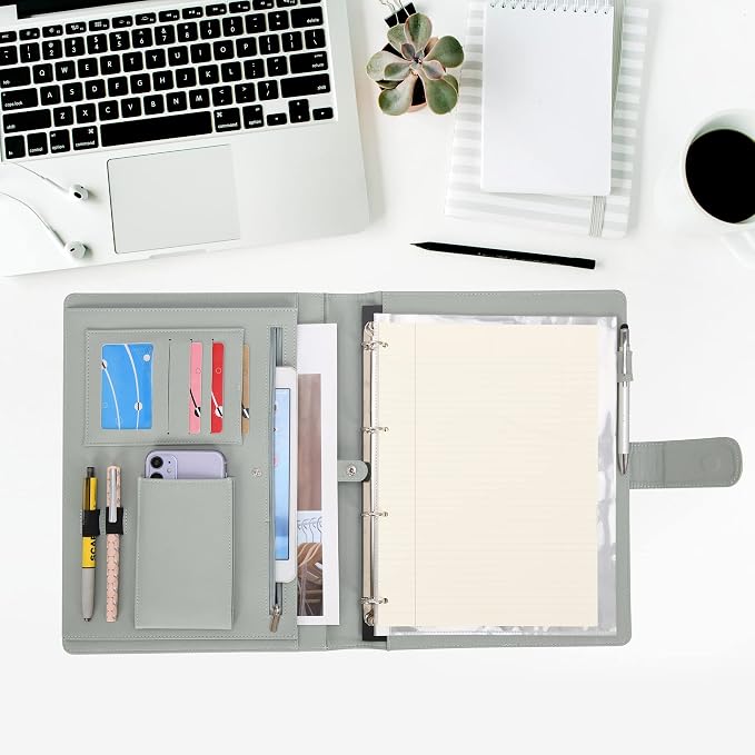 Wonderpool A4 PU Leather 3 & 4 Ring Holder Writing Portfolio Multi Document Case with Removable Binder Clipboard and Functional Pocket for Organizer Office Travel School (Green)