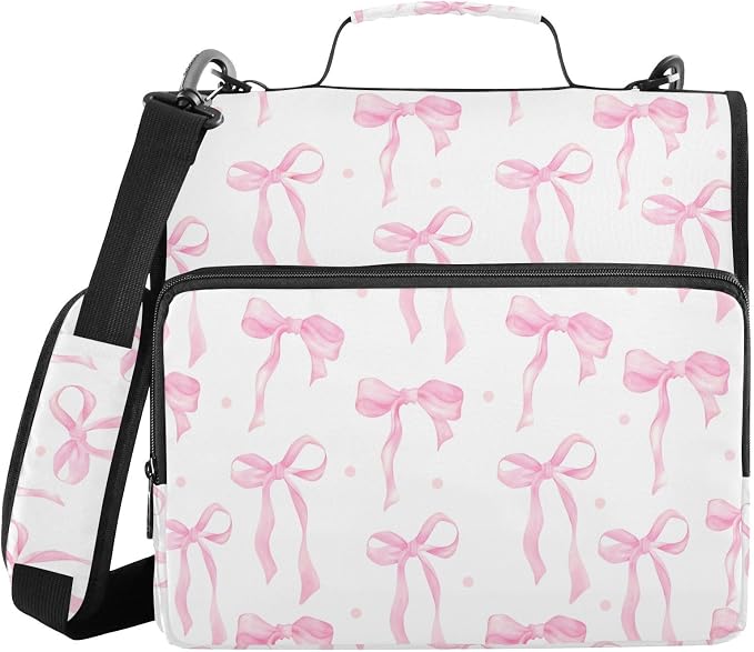 3 D-Ring Zipper Binder Bag, Pink Ribbons Bows Pattern Removable Binder with Zipper Case Hold 300+ Sheets& 13 Inch Laptop for School Office Supplies Organizer