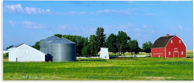 Barn with Silo Farmhouse Landscape, 20 x 48 Inch Canvas Wall Art | Stupell Industries · By Gail Peck · Ready to hang · Great for living room or family room · Made in USA