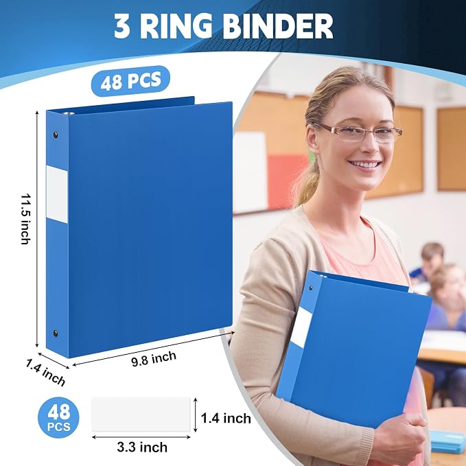 Henoyso 48 Pack 1 Inch 3 Ring Plastic Binders, Bulk Flexible PP Binders for Classroom & School Supplies, Letter Size 8.5 x 11, Holds 240 Sheets with Interior Pocket (Blue)