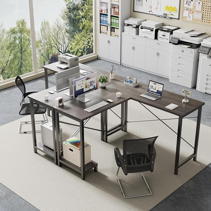 DUMOS 50-Inch Reversible L Shaped Desk with CPU Shelf, Grey | Computer Desk with Sturdy Metal Frame, Corner Gaming Desk, Home Office Desk for Study, Writing and Work, Sturdy Modern Design